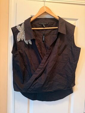 Sleeveless Black Wrap  Women Top with Crystal Floral Accent